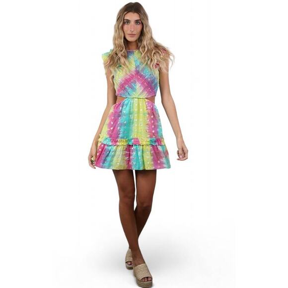 SAYLOR LEILANIE Smocked Cutout Back Mini Dress Rainbow Tie Die Aline Medium NEW - Picture 3 of 6